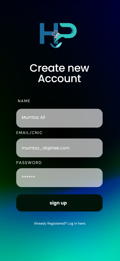 The HeK app's create-account screen